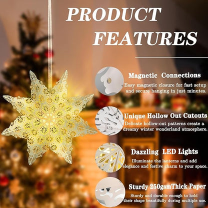 10 Pcs Christmas Paper Snowflake Lanterns, Large Christmas Paper Star Lanterns with LED Lights White Hanging Snowflake Lamp Ornaments for Xmas Winter Frozen Weddings Birthday Holiday Party Decorations