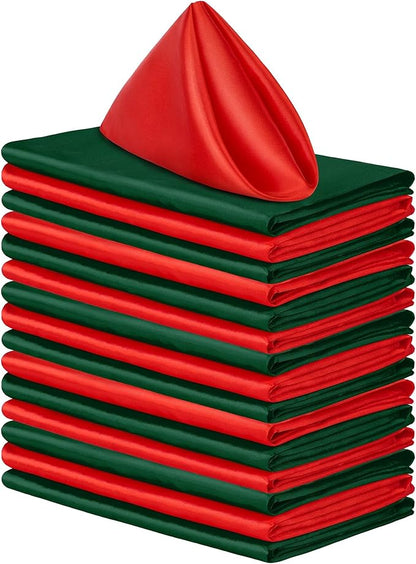 Aneco 16 Pack Christmas Square Satin Napkin Bright Silk Table Napkin Xmas Soft Smooth Fabric Table Napkin for Christmas Wedding Banquet Party Decoration, Red, Forest Green, 20 x 20 Inch