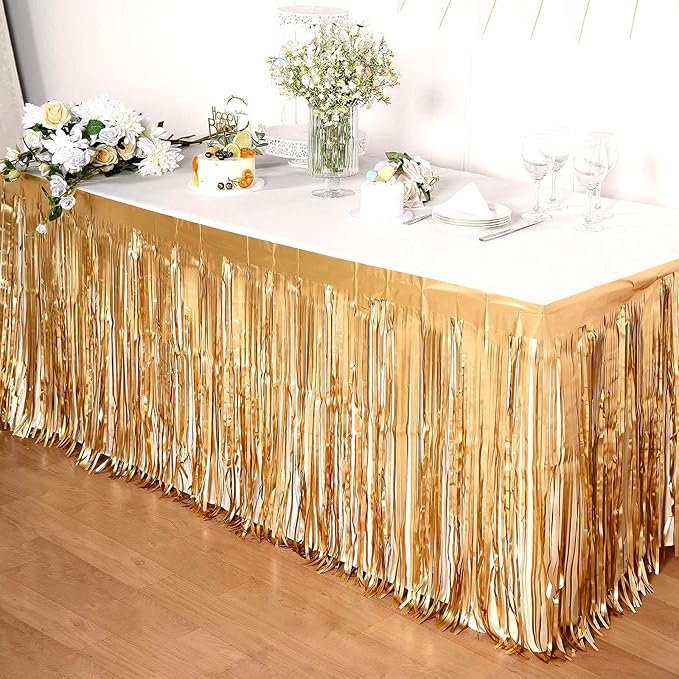 4 Pack 29x108 Inch Metallic Foil Fringe Tinsel Table Skirts for Rectangle Tables Streamer Curtains Backdrop for Christmas, Birthday, Parade Floats, Halloween Party Supplies(Champagne Gold)