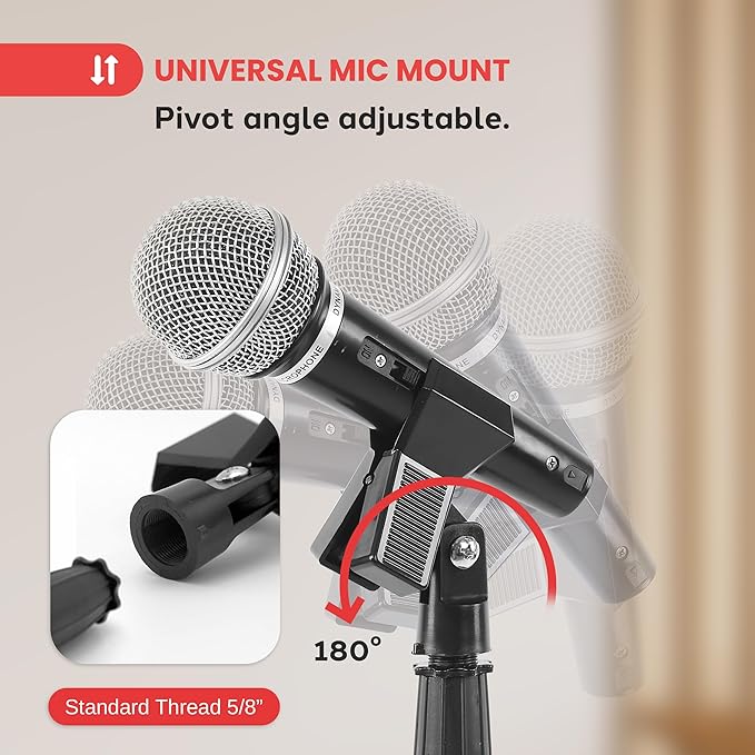 Pyle Tripod Microphone Stand, Height Adjustable from 39.37" to 66.14'', Mic Stand for Floor, Sturdy and Durable Build, Non-Slip Rubber Feet, With 5/8" Screw Adapter, Cable Clip, Compact Folding Design