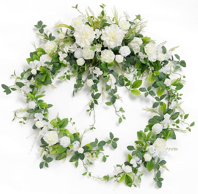 Ling's moment 9FT Flower Garland for Backdrop Decorations - Wedding Arch Flowers, Eucalyptus & Rose, Artificial Floral Garland for Mantle - Sweetheart Table Decor for Ceremony Reception, Lily White