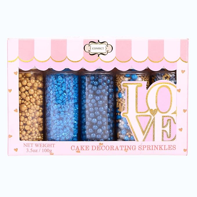 Confect Edible Sprinkles – Marine Royalty Theme – Assorted Pack with Navy Blue & Champagne Gold Dragees, Gold Jimmies & Bright Blue Sparkling Sugar – Sprinkles for Cake Decorating- Vegan, Gluten-Free, Nut-Free, Soy-Free, Dairy-Free, Palm Oil-Free-5 Oz