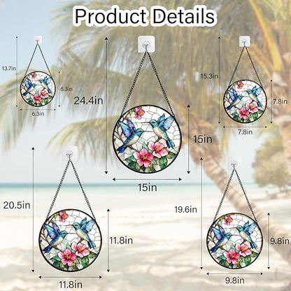 Stained Glass Window Hanging - Blue White Hummingbirds Pink Flowers Suncatcher for Door Terrace Garden Home Decor Bird Sun Catcher Birthday Gifts for Lovers Women Men Dad Mom Nana 11.8 in