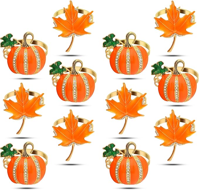 KPOSIYA Fall Napkins Rings, 12 Pcs Thanksgiving Napkin Ring Fall Maple Leaf Napkin Rings and Halloween Pumpkin Napkin Holders for Thanksgiving Table Decorations, Fall Banquet, Holiday Dinner Party