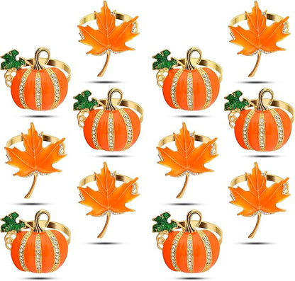 KPOSIYA Fall Napkins Rings, 12 Pcs Thanksgiving Napkin Ring Fall Maple Leaf Napkin Rings and Halloween Pumpkin Napkin Holders for Thanksgiving Table Decorations, Fall Banquet, Holiday Dinner Party