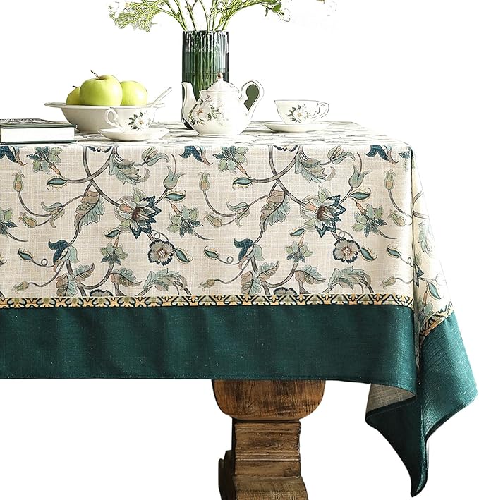 patdrea Designer Green Linen Extra Long Rectangle Tablecloth,Vintage Floral Pattern Breathable Table Cloth,Cover Decor for Kitchen Dining,Christmas,Thanksgiving,Holiday,Tea Party,63"x110"-Noah