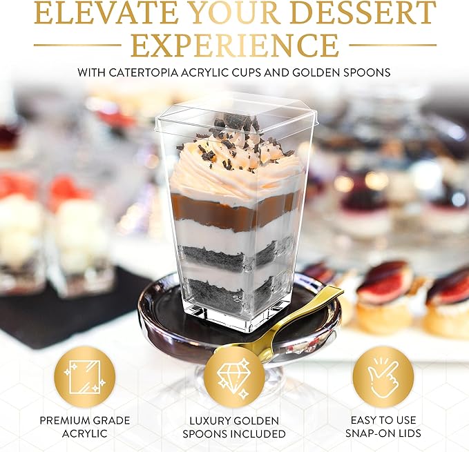 100 Pack 3 oz Mini Dessert Cups with Lids and Spoons (Gold Spoons) - Plastic Shooter Appetizer Parfait Cups with Lids Reusable - BPA Free Catering Supplies for Party - Dessert Serving Bowls