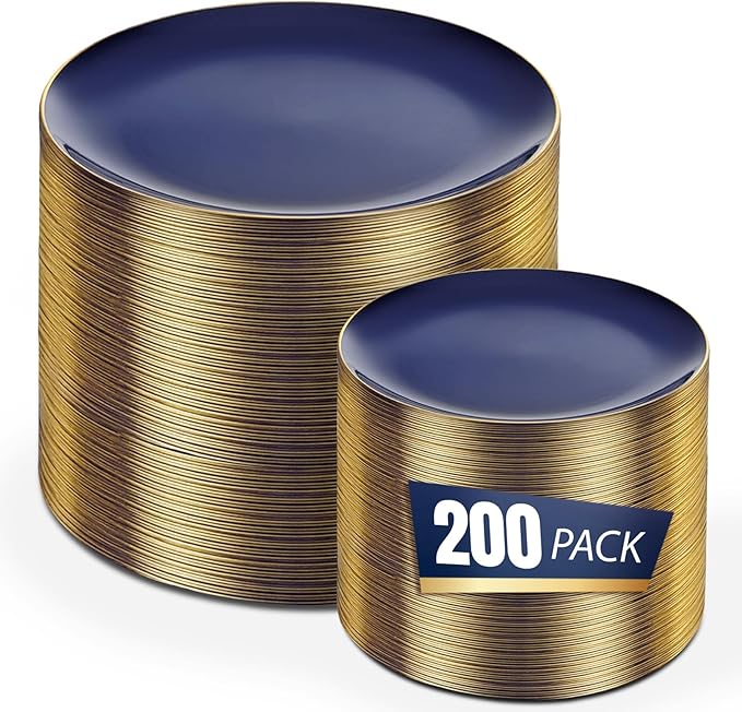 bUCLA 200PCS Blue Plastic Plates - Navy Blue Disposable with Gold Rim Include 100 Each (10 inch Dinner & 7 inch Dessert) Plates, Ideal for Party & Gathering