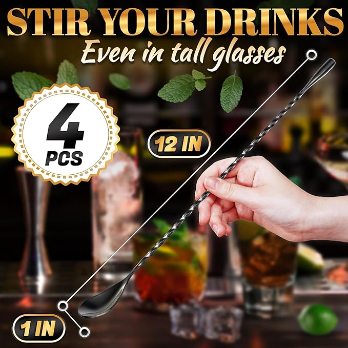4 Pcs Bar Spoon Cocktail Mixing Spoon Set – 12" Stainless Steel with Twisted Spiral Handle Stirring Spoons, Good for Cocktails, Iced Tea, & Drink Mixing Lovers | Caviar Spoons