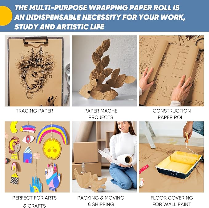 Brown Wrapping Paper, 15"x900" Craft Bulletin Board Kraft Banner Decorative Paper Roll, Bouquet Flower Father's Day Valentines Graduation Gift Wedding Table Covering Packing Shipping Moving Supplies