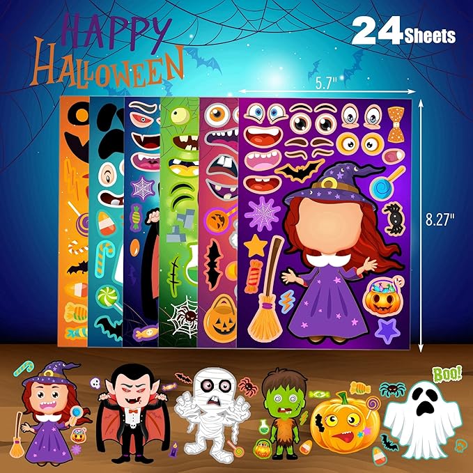 24 Sheets Halloween Stickers, Make Your Own Halloween Stickers for Kids, Halloween Party Favors, Halloween Crafts for Kids Trick or Treat Party Supplies