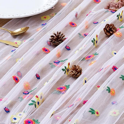 JIALE Pink Floral Table Runner, Embroidery Daisy Seasonal Table Decorations, 120Inch 10FT Tulle Fabric for Home Decor, Bridal Shower Wedding, Baby Shower Parties, DIY Craft