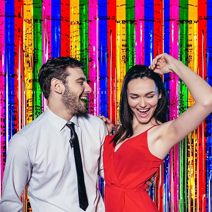 2 Pack 3.3x8.2 Feet Rainbow Foil Fringe Backdrop Curtains, Tinsel Streamers Birthday Party Decorations, Fringe Backdrop for Graduation, Baby Shower, Gender Reveal, Disco Party