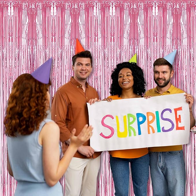 6 Pack Pink Foil Fringe Curtains Backdrop, 3.28 x 8.2 Ft Metallic Streamers Tinsel Curtains Background for Photo Booth, Birthday, Weddings, Carnivals, Graduation, Themed Party Decorations