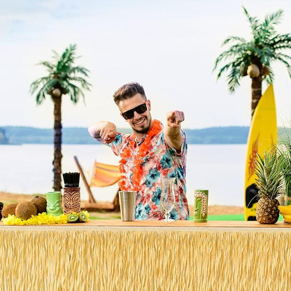 Fovths 2 Packs Luau Grass Table Skirt Fringe Straw Grass Skirt 108 x 30 Inch Hibiscus Hawaiian Table Skirts Rectangle Tropical Luau Party Decorations for Hawaiian Luau Decorations