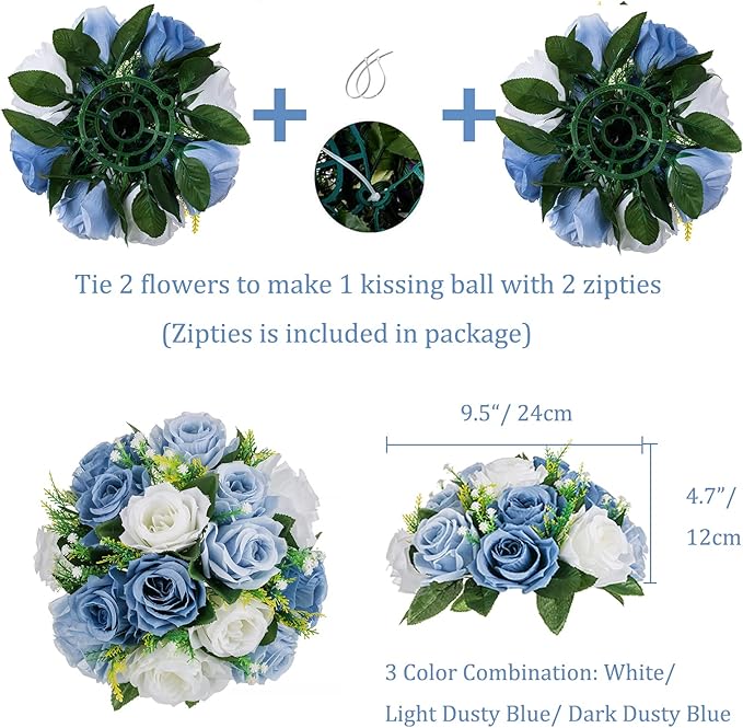 BLOSMON Flower Ball Centerpieces for Table 6 Pcs Fake Rose Centerpiece Flowers Dusty Blue Artificial Silk Floral Arrangement Center Piece Kissing Bouquet for Wedding Party Home Decor