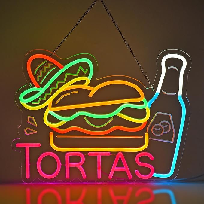 CNBEYOUNG Tortas Neon Sign, Neon Lights Hanging Wall Art Decoration for Mexican Restaurants Shop Bar Food Truck Kitchen Party Home Decor, USB - Driven, Super Bright & Adjustable,16.54x 12.6inches