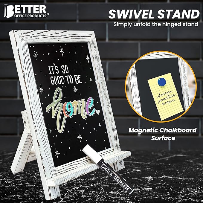 Better Office Products Framed Tabletop Chalkboard Sign, 9.5" x 14", Rustic Wood Frame, Small Magnetic Chalkboard with Built-in Ledge and Folding Stand, One White Chalk Marker Included,(Whitewash)