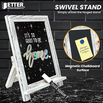 Better Office Products Framed Tabletop Chalkboard Sign, 9.5" x 14", Rustic Wood Frame, Small Magnetic Chalkboard with Built-in Ledge and Folding Stand, One White Chalk Marker Included,(Whitewash)