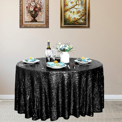 JYFLZQ Black Sequin Tablecloth - 90" Round Sparkly Glitter Metallic Table Cloths Table Cover Overly for Halloween, Retirement, Birthday Party, and Graduation Decorations