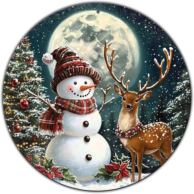 Christmas Snowman Decor Round Metal Tin Sign Christmas Deer Vintage Tin Sign for Home Coffee Wall Decor for Christmas Family Wall Decoration 12 * 12 in