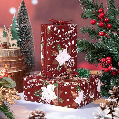 LeZakaa Christmas Wrapping Paper Roll - Red Flower & Merry Christmas Letter Pattern for Holiday, Party - 17 inches x 32.8 Feet (46.45 sq.ft.)