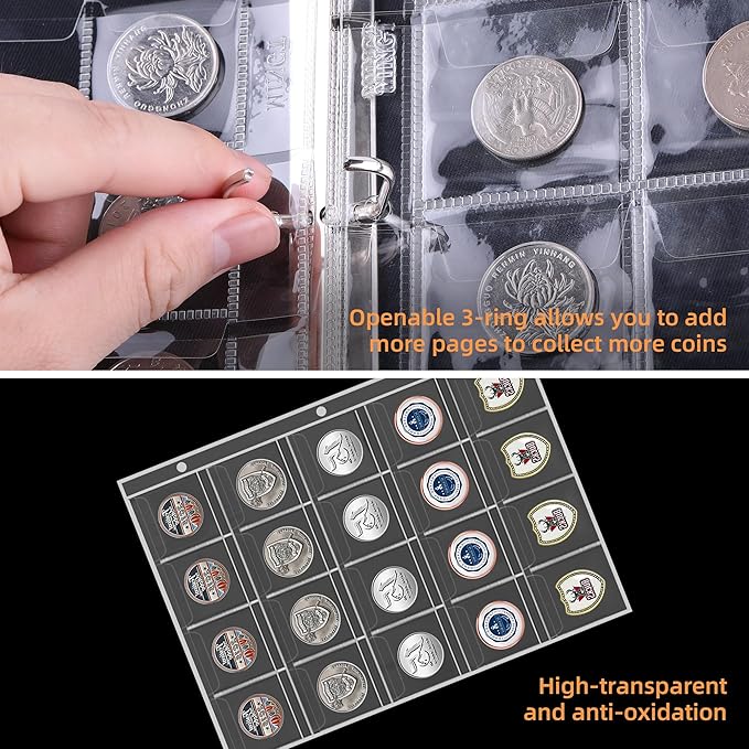 Coin Collection Book for Collector,260 Pockets Fireproof Coin Collection Holder Album,Coin Collection Organizer Storage Box Case Album for 20/25/ 27/30/ 38mm Coins,Black