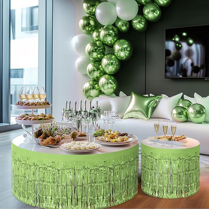 8 Pack Light Green Table Skirts, 29x108" Metallic Foil Tinsel Fringe Table Skirts for Rectangle Tables Streamer Curtains Backdrop, Party Decorations for Birthdays Weddings Holidays