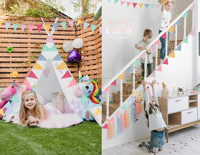 Pennant Banner Flags Pastel - GREATRIL Colorful Triangle Banners for Birthday Easter Classroom School Carnival Garland Outdoor Burlap Bunting Party Decorations 4 Strings