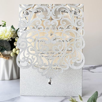 Hosmsua 5.12 x 7.3 Inch 50pcs Silver Laser Cut Lace Flora Wedding Invitation Cards with Rhinestone and Envelopes Customized Printed Invitations for Bridal Shower Quinceañera Wedding Invite
