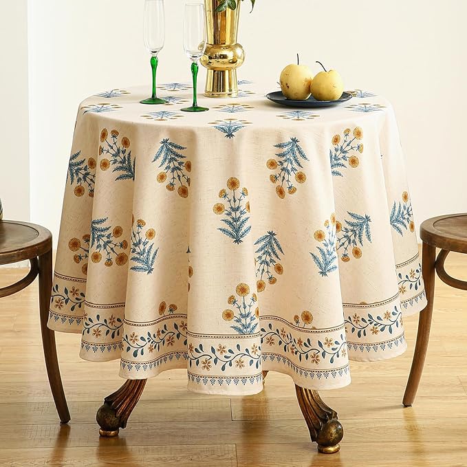 ISAENNE Designer French Pale Yellow Round Tablecloth,Linen Floral Table Cloth,Wrinkle Resistant Decor Tablecloths for Dining Thanksgiving Banquet Kitchen Party,Diameter 67"-Estevan A
