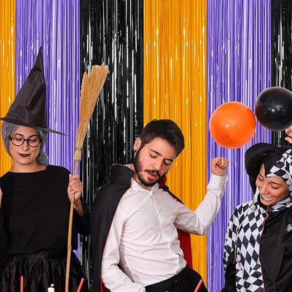 2 Pack Halloween Backdrop, 3.28 FT x 7.05 FT Foil Fringe Curtains, Orange Purple Black Party Streamer Tinsel Backdrop Curtains, Halloween Decorations Door Decor Photo Props Party Supplies