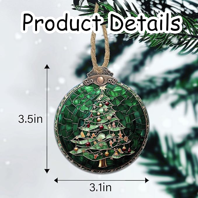 Stained Glass Christmas Decorations, Small Bell Pendant Suncatcher for Window Christmas Tree Hanging Ornaments Retro Green Sun Catcher Xmas Decor Gifts for Women Men Mom Nana Friend