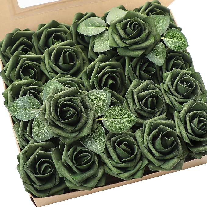 Floroom Artificial Flowers 50pcs Real Looking Emerald Green Foam Fake Roses with Stems for DIY Wedding Bouquets Bridal Shower Centerpieces Floral Arrangements Party Tables Home Decorations