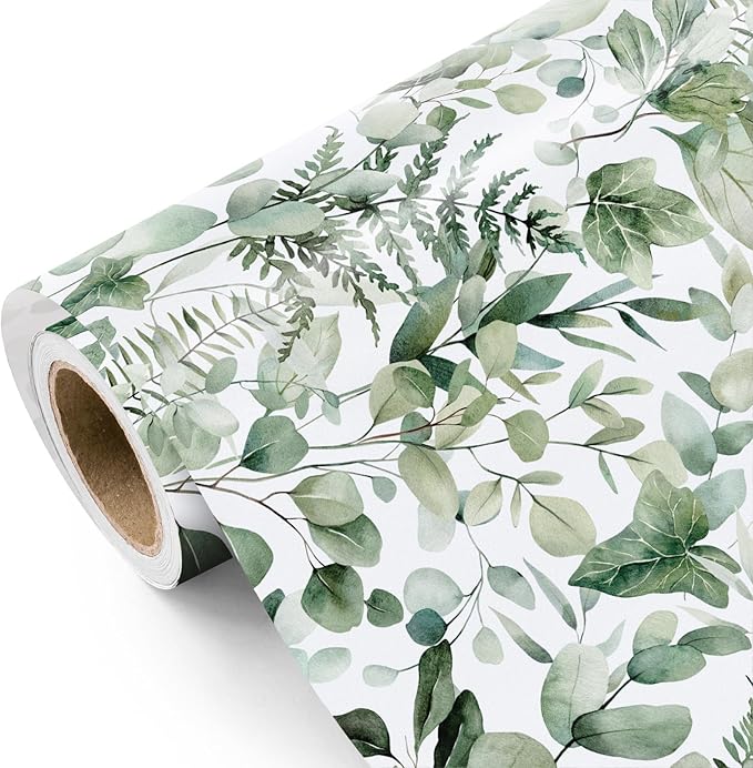 WRAPAHOLIC Eucalyptus Leaves Wrapping Paper Roll - Mini Roll - 17 Inch x 9.8 Feet - Greenery Wrapping Paper Perfect for Birthday, Wedding, Bridal Shower