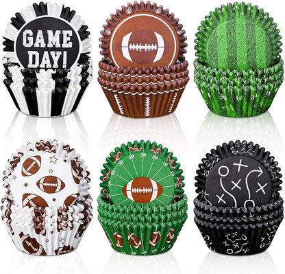 Whaline 600Pcs Football Cupcake Liners 6 Styles Rugby Cupcake Wrappers Baking Cups Holders Sports Theme Muffin Baking Liners for Birthday Party Holiday Party Post-match Celebration