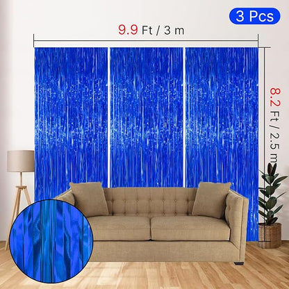 PartyWoo Dark Blue Streamers Fringe Backdrop 3pcs Navy Blue Foil Fringe Curtain 8.2FT Tinsel Backdrop for Birthday Gender Reveal Baby Shower Graduation Pool Under The Sea Ocean Party Decorations