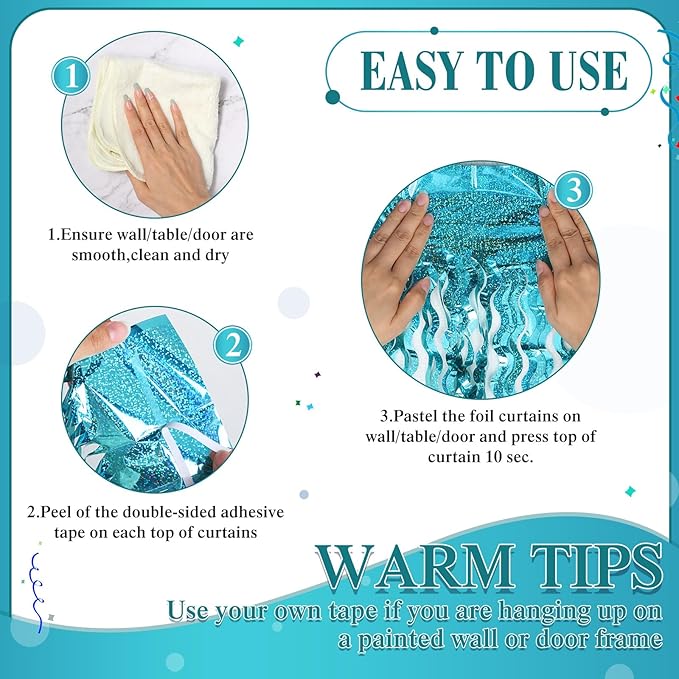 Jutom 6 Pieces 3.3 x 6.6 ft Wavy Tinsel Foil Fringe Curtains Foil Fringe Streamer Backdrop Party Curtain for Sea Mermaid Baby Shower Birthday Party Decoration(Blue Green)