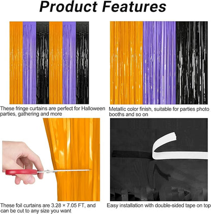 2 Pack Halloween Backdrop, 3.28 FT x 7.05 FT Foil Fringe Curtains, Orange Purple Black Party Streamer Tinsel Backdrop Curtains, Halloween Decorations Door Decor Photo Props Party Supplies