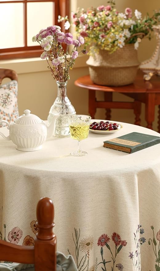 ISAENNE Designer Off White Linen Round Tablecloth,Floral Elegant Table Cloth,Stain Resistant Vintage Decor Tablecloths for Dining Thanksgiving Kitchen Christmas,Diameter 67"-Serenity G