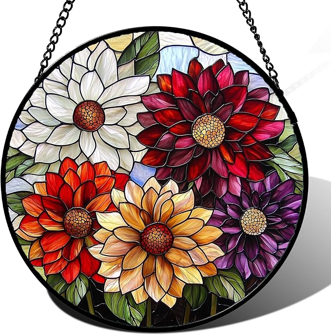 Stained Glass Window Hanging, Colorful Flowers Sun Catcher for Window Door Home Decor Plant Suncatcher Christmas Mother's Day Birthday Gifts for Women Men Mom and Nana 7.8 in