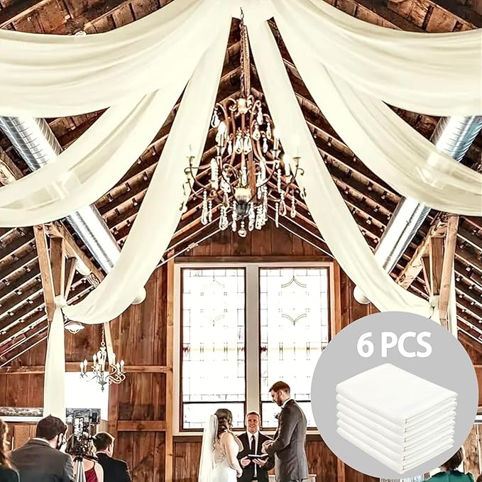 DUOBAO Ivory Ceiling Drapes Sheer Backdrop Curtains 6 Panels 5ftx20ft Reception Halls Drapeing Banquet Room Curtain with Rod Pocket for Wedding Birthday Stage Decoration