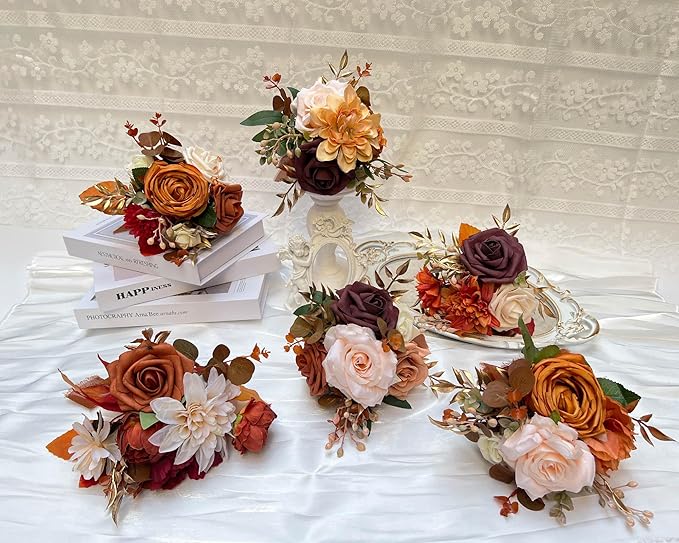 CherishedMoments Set of 6 Assorted Flower Centerpieces Mini Floral Wedding Flowers Set for Fall Wedding Table Centerpieces Decoration, Burnt Orange Bouquets and Home Decor