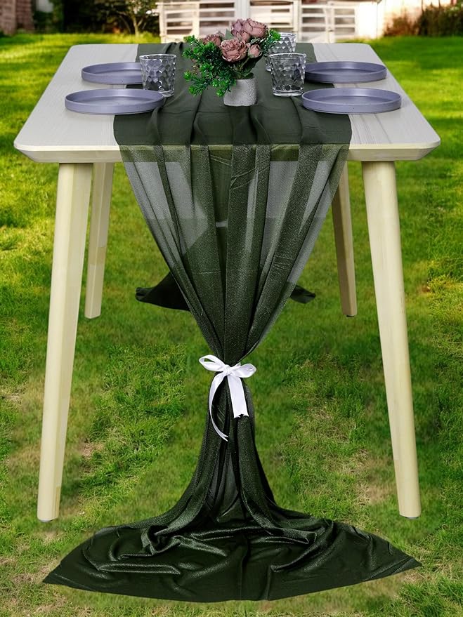 MDS Halloween Chiffon Table Runner - 12 Pack, 29 x 170 Inches, 14ft Each - Sheer Spooky Table Runners for Haunted House Parties, Trick-or-Treat Tables, Witchy Décor, Wedding & Events - Olive Green