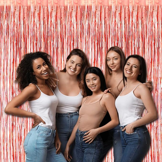 4 Pack Rose Gold Foil Fringe Curtain Backdrop, 3.28Ft x 8.2Ft Metallic Tinsel Foil Fringe Streamers Curtains for Party,
