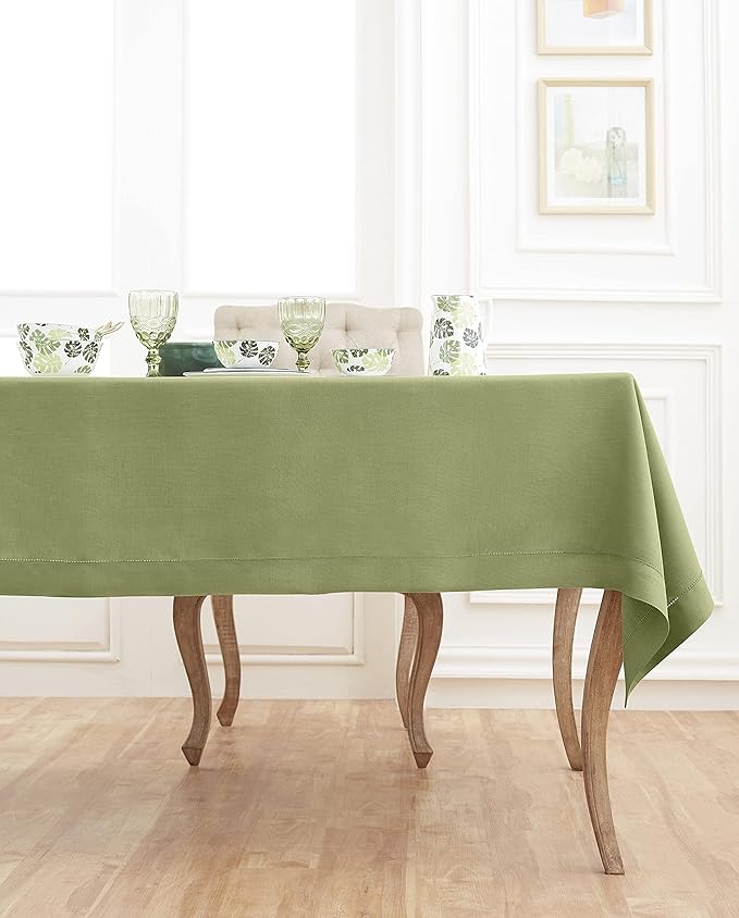 Solino Home Linen Moss Green Tablecloth 60 x 108 Inch - Classic Hemstitch, 100% Pure Linen Rectangular Tablecloth - Machine Washable Table Cloth for Fall, Autumn, Thanksgiving