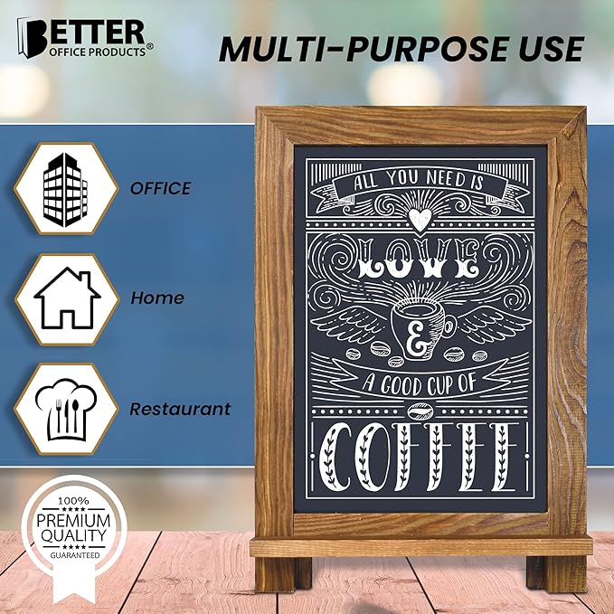 Better Office Products Framed Tabletop Chalkboard Sign, 9.5" x 14", Rustic Wood Frame, Small Magnetic Chalkboard, Built-in Ledge and Folding Stand, One White Chalk Marker Included,(Rustic Brown)