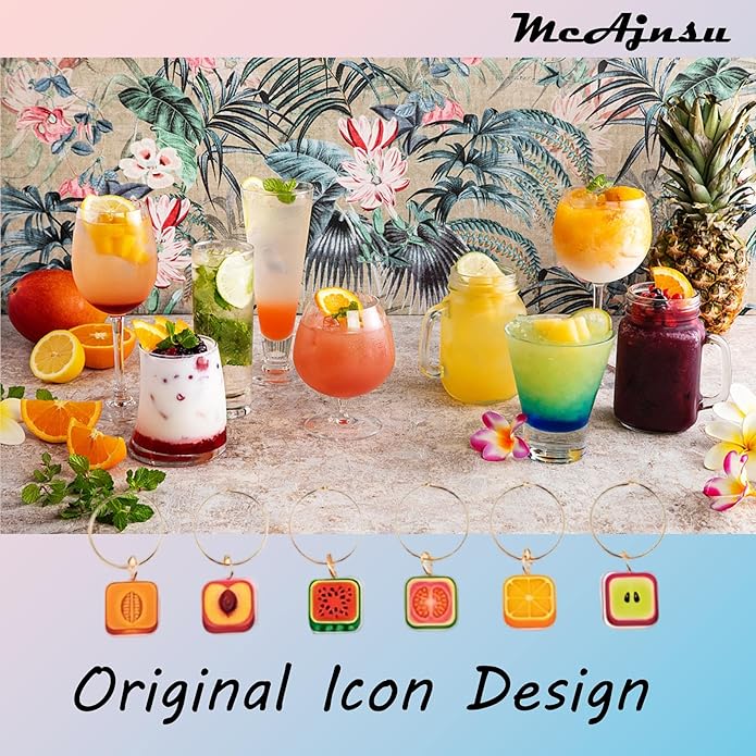 24Pcs Wine Glass Charms & Markers - Reusable Identifier Tags for Stem Glasses - Funny Non-Scratch Charms for Summer Beach, Christmas & Wine Party