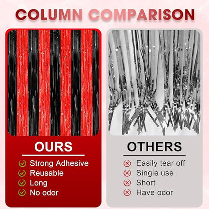 2 Pack Red and Black Tinsel Foil Fringe Curtains, Red and Black Party Decorations, Metallic Tinsel Party Streamers Backdrop for Halloween Birthday Red Carpet New Years Party Decorations