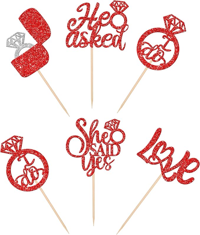 30 PCS He Asked She Said Yes Cupcake Toppers Diamond Ring Cupcake Picks Love I Do Bridal Shower Cupcake Decorations for Wedding Enaggement Theme Party Cake Decorations Supplies Red